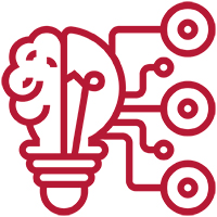 A light bulb with lines and shapes emerging outlined in maroon