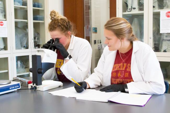 Female students working in science lab; one looking into microscope