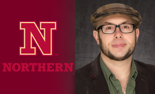 NSU logo next to smiling photo of male professor wearing a hat and glasses