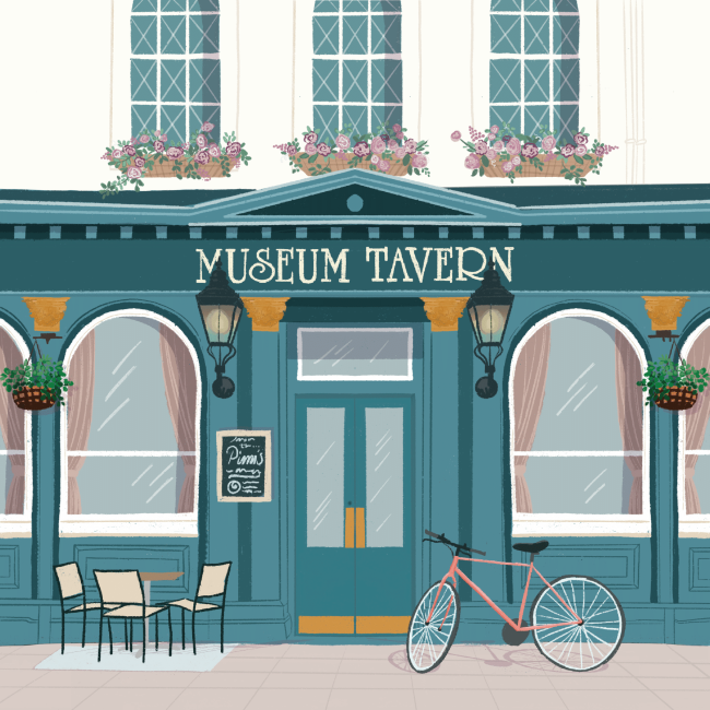 An image of a painting of a blue cafe, Museum Tavern, with flowers in the windowsills and a bike out